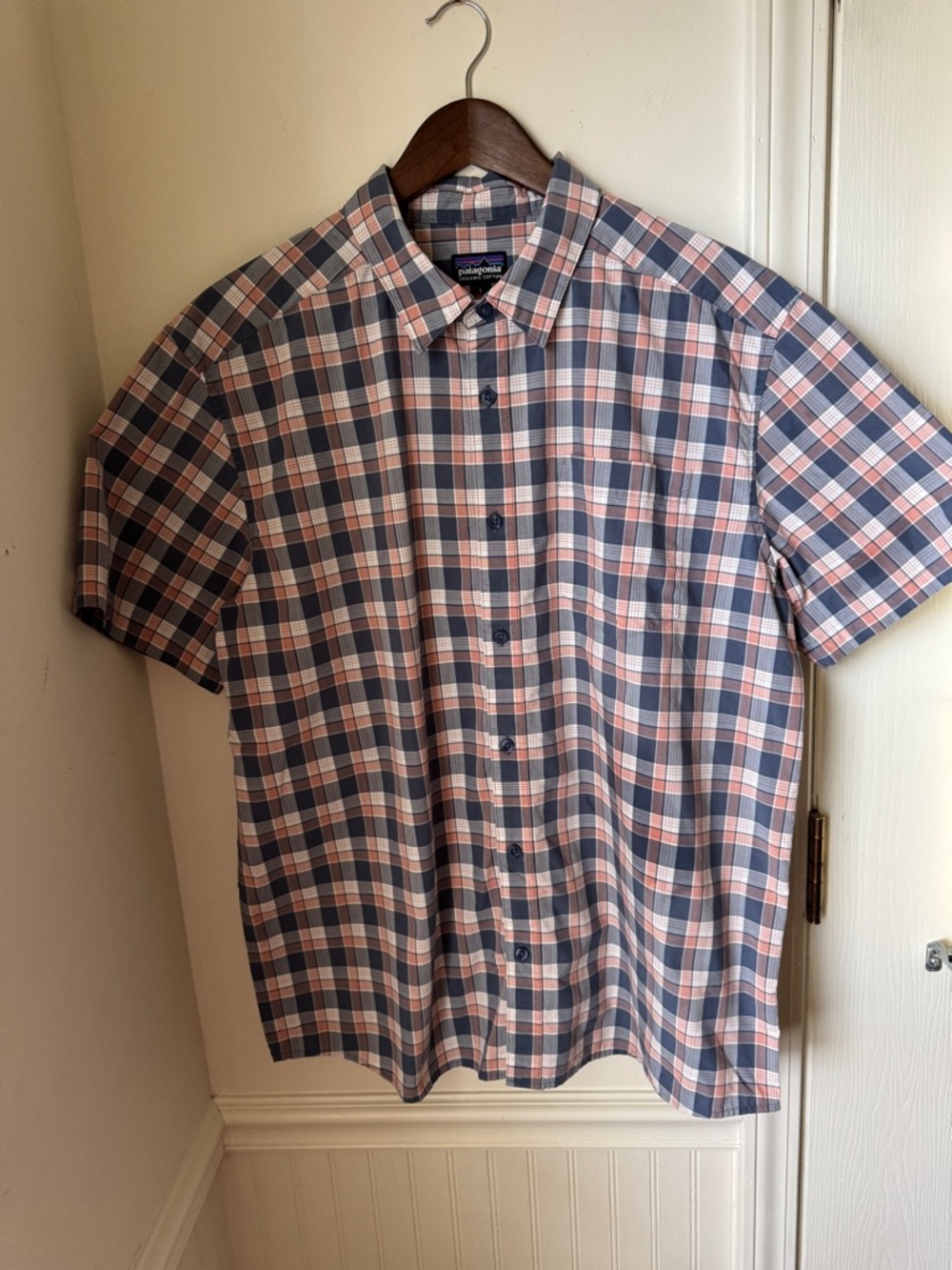 Patagonia Mens Large Plaid Organic Cotton Short Sleeve Button Down Shirt Blue